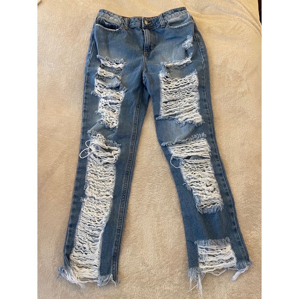 Fashion Nova Cello Mid Rise Destroyed Raw Hem Jean